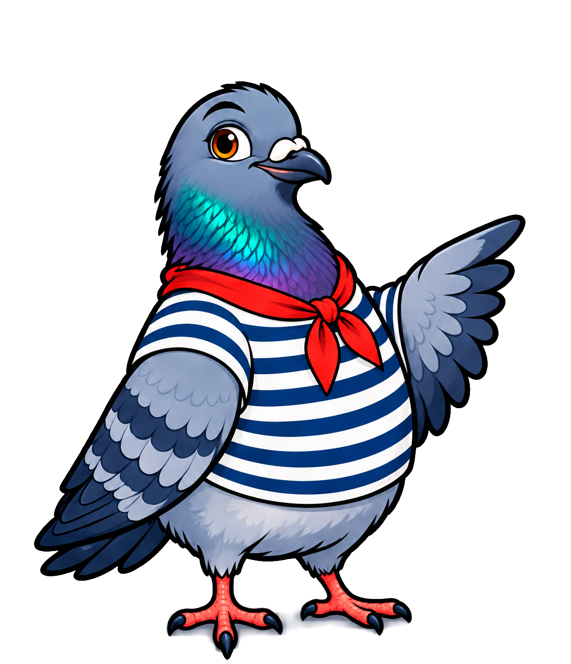 Ombrave's mascot, a Parisian pigeon in a striped marinière, pointing at the subtitle.
