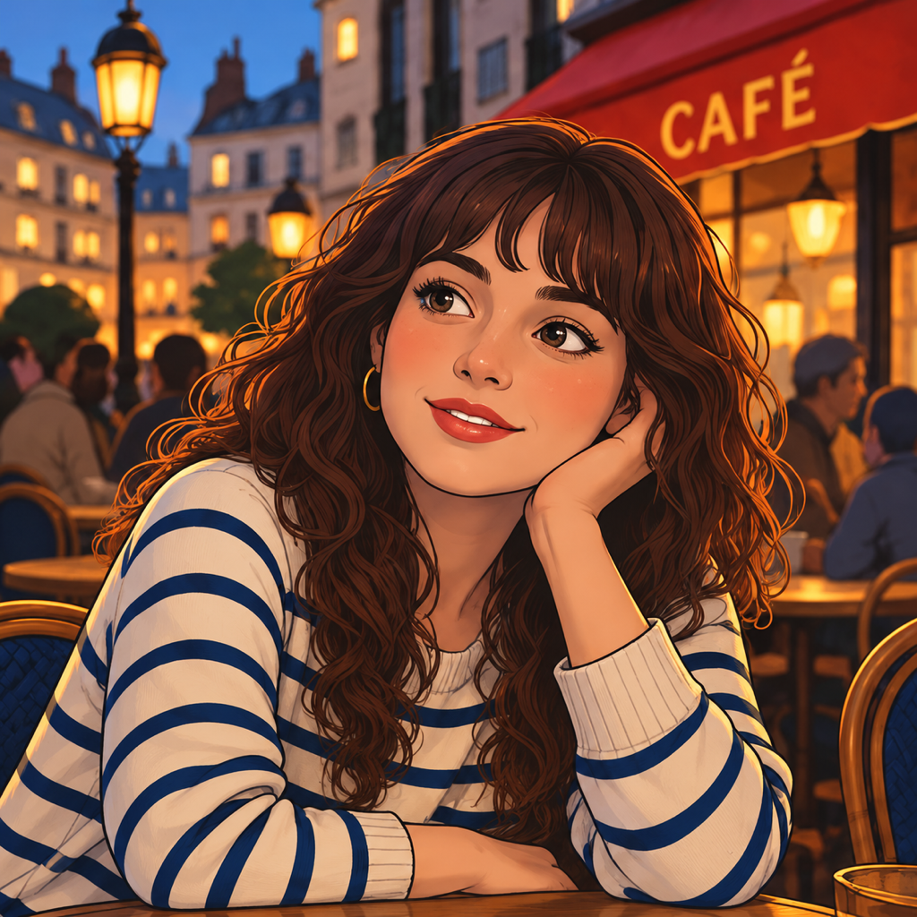 Illustrated scene: a young woman at a Paris café terrace at dusk.